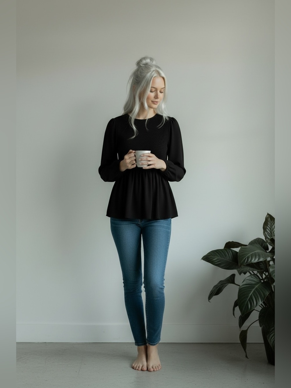 Express Black Smocked Long-Sleeve Peplum Tunic